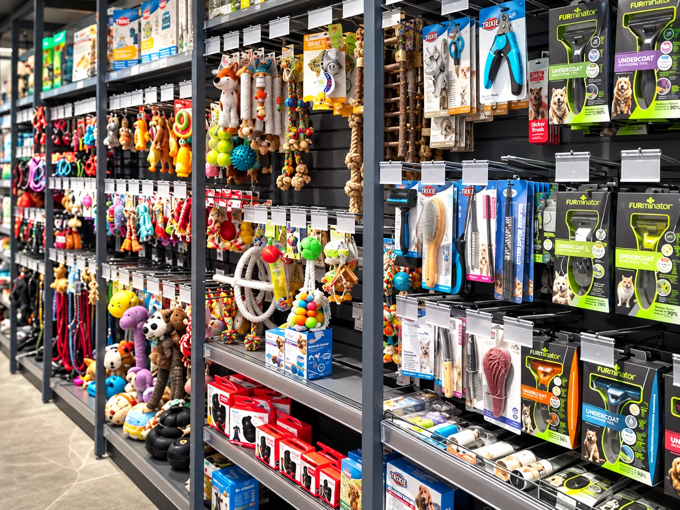 The supplied toys, grooming tools and accessories shelves