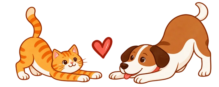 Playful illustrated dog and cat stretching together
